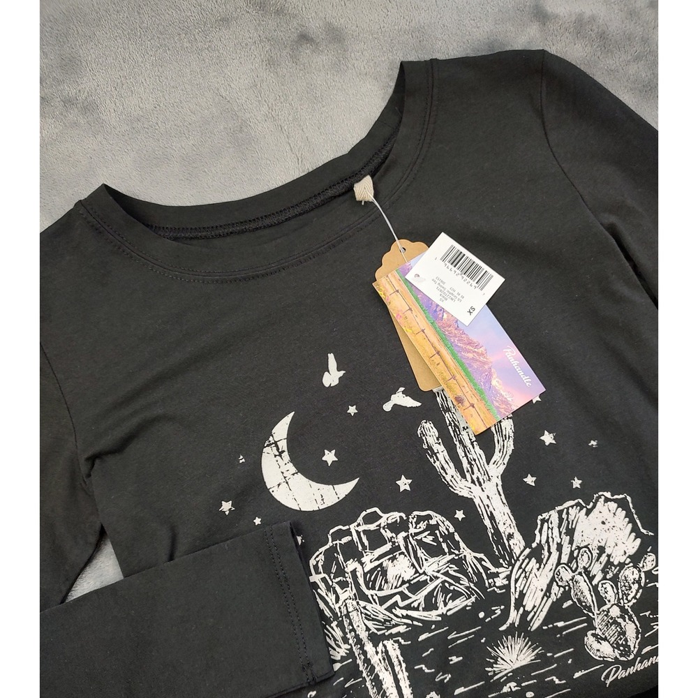 Panhandle Women's XS Black Long Sleeve Desert Cactus Moon Graphic Tee Shirt